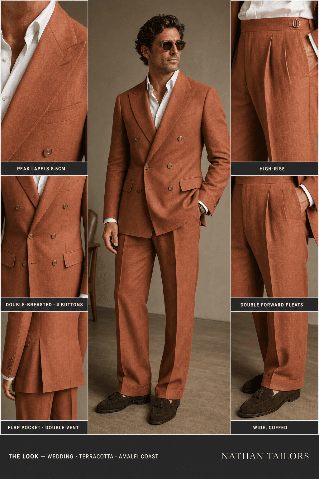 terracotta double-breasted peak-lapel online custom suit — designed online at RemoteSuit. Made-to-measure online custom suit available from $129.