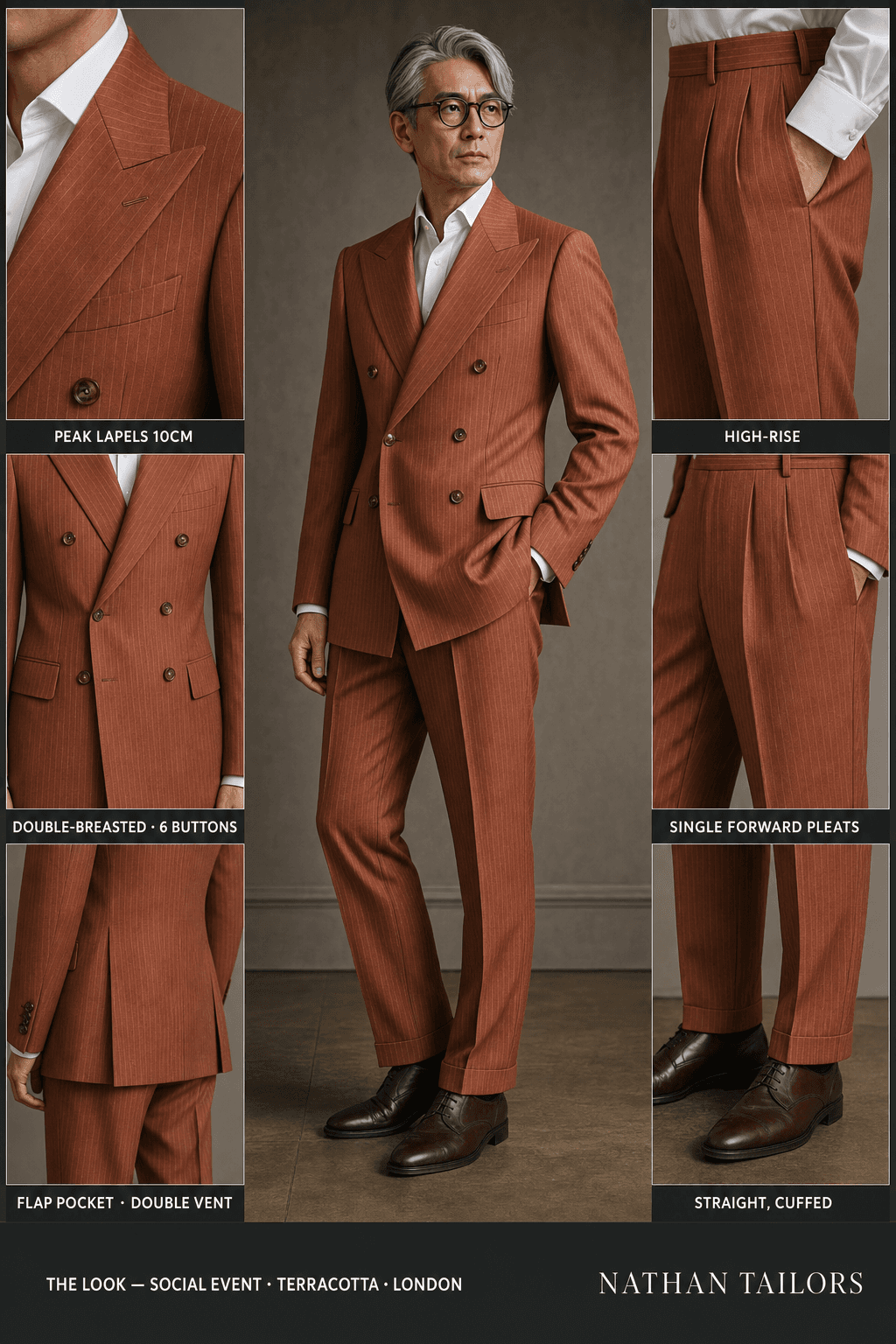 terracotta pinstripe double-breasted peak-lapel online custom suit — designed online at RemoteSuit. Made-to-measure online custom suit available from $129.