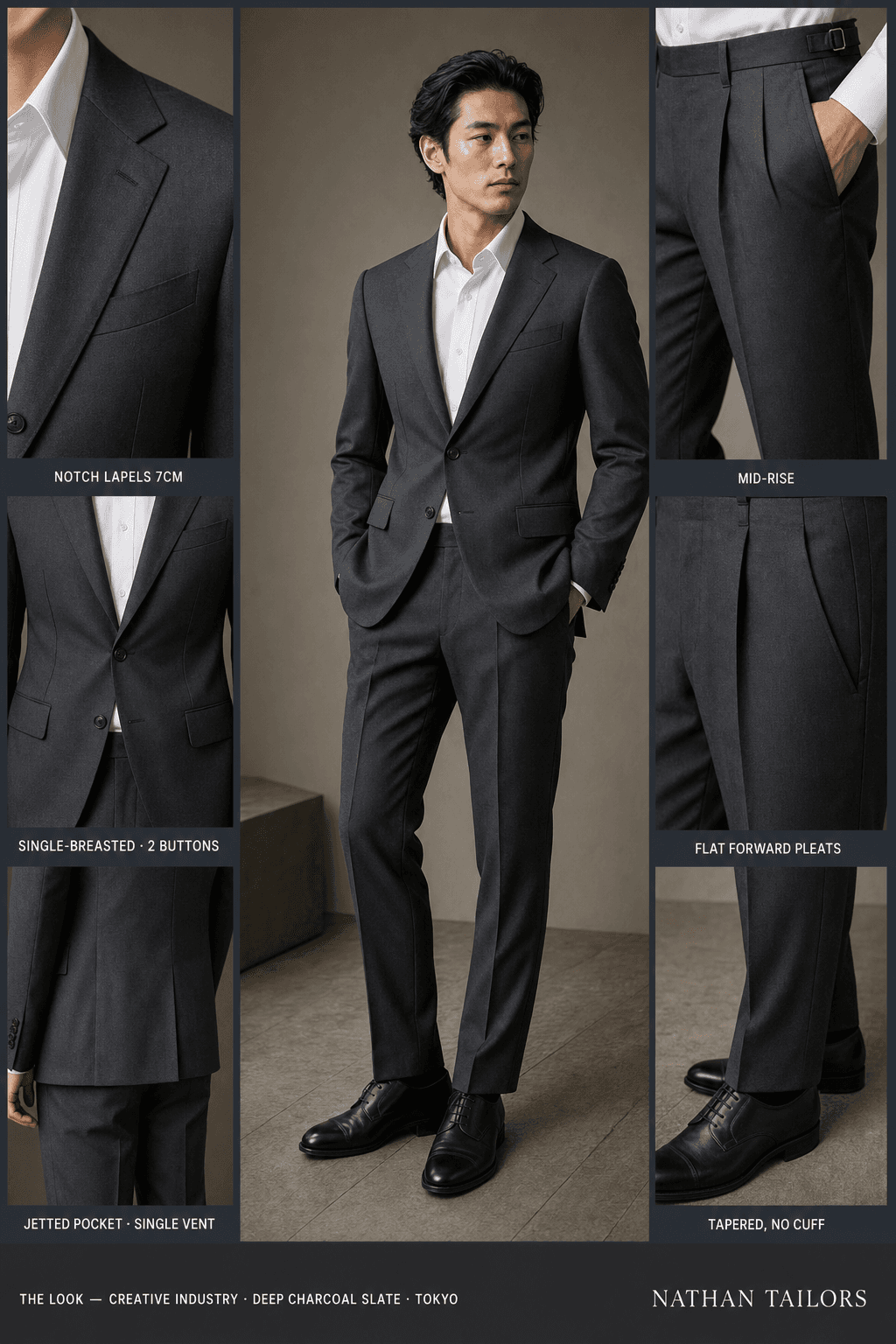deep charcoal slate single-breasted notch-lapel online custom suit — designed online at RemoteSuit. Made-to-measure online custom suit available from $129.