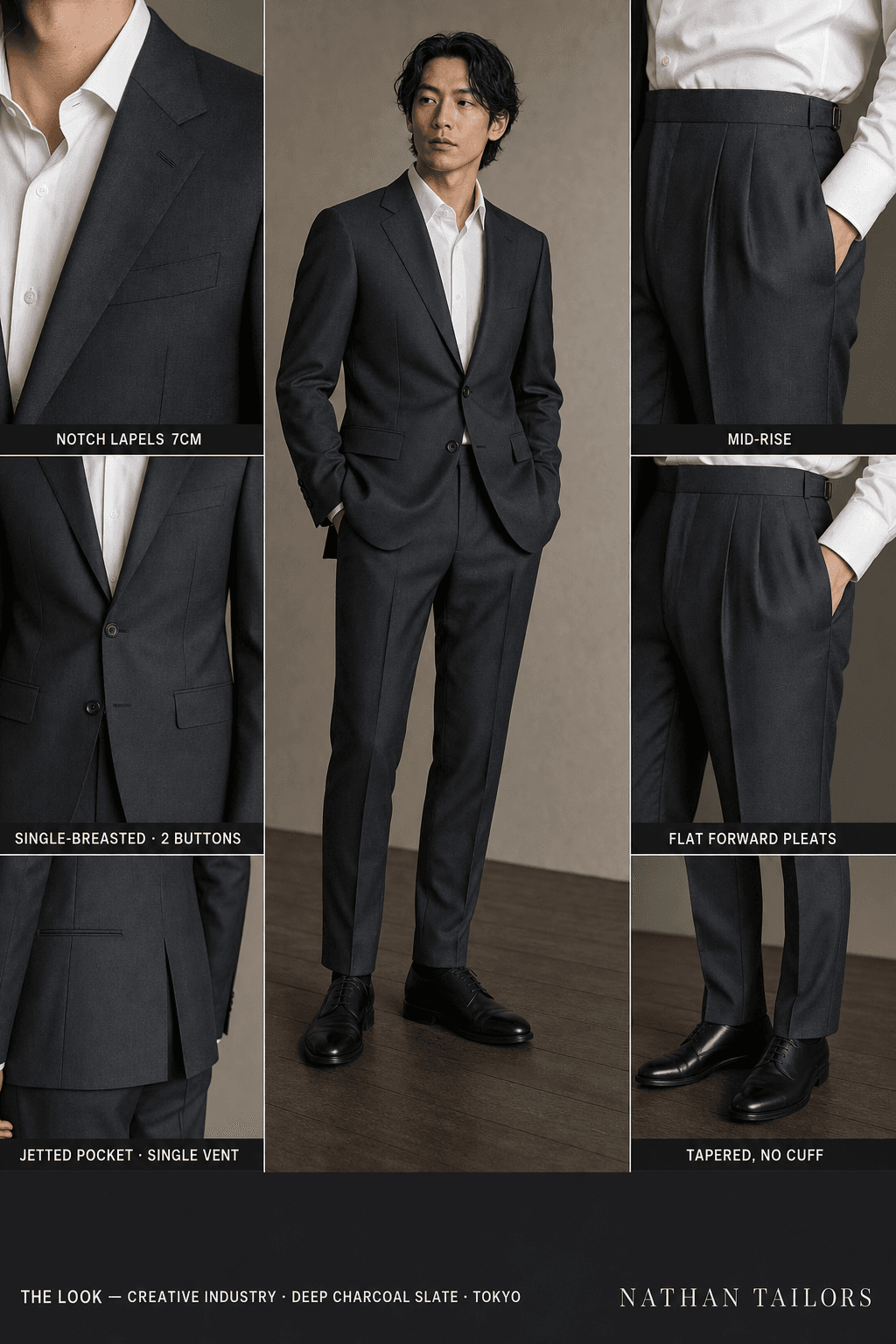 deep charcoal slate single-breasted notch-lapel online custom suit — designed online at RemoteSuit. Made-to-measure online custom suit available from $129.