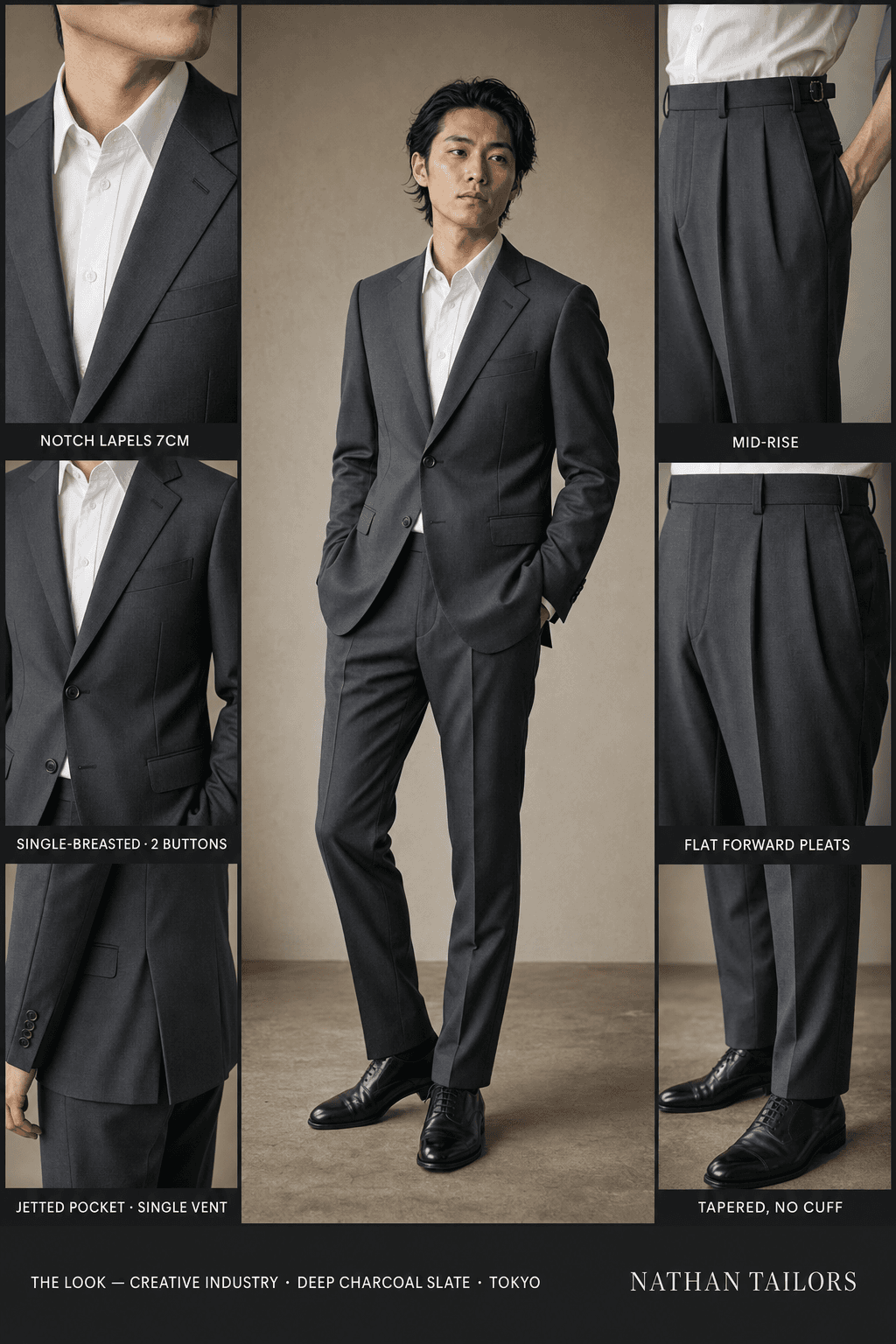 deep charcoal slate single-breasted notch-lapel online custom suit — designed online at RemoteSuit. Made-to-measure online custom suit available from $129.