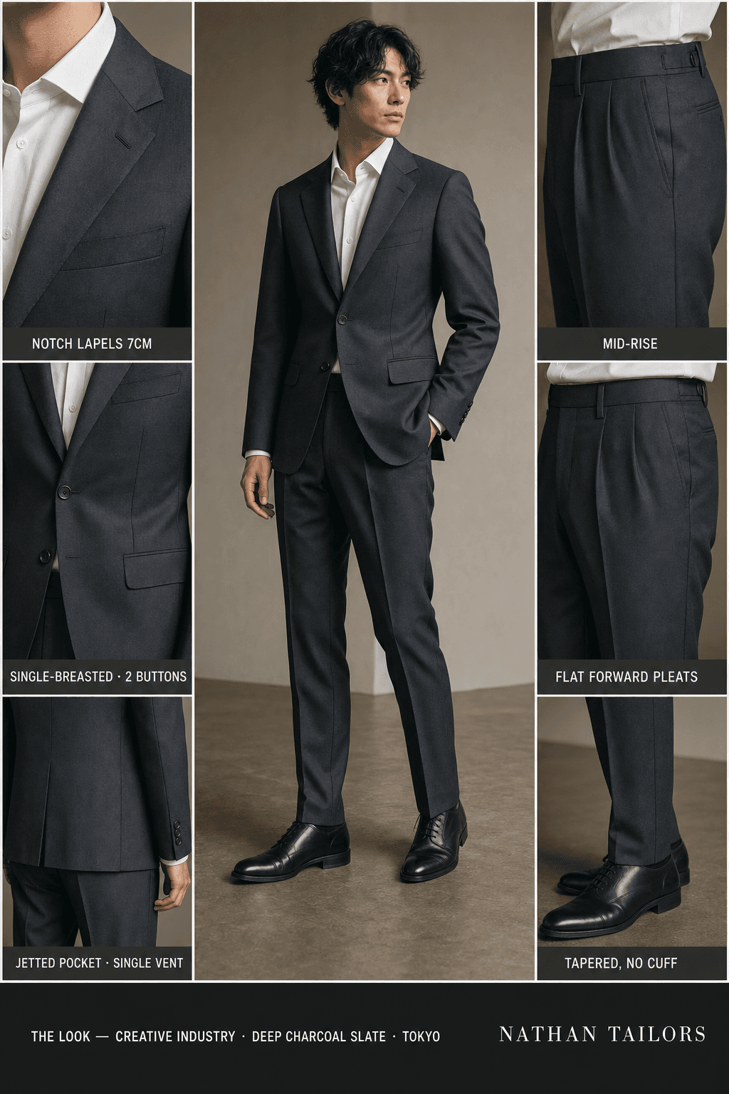deep charcoal slate single-breasted notch-lapel online custom suit — designed online at RemoteSuit. Made-to-measure online custom suit available from $149.