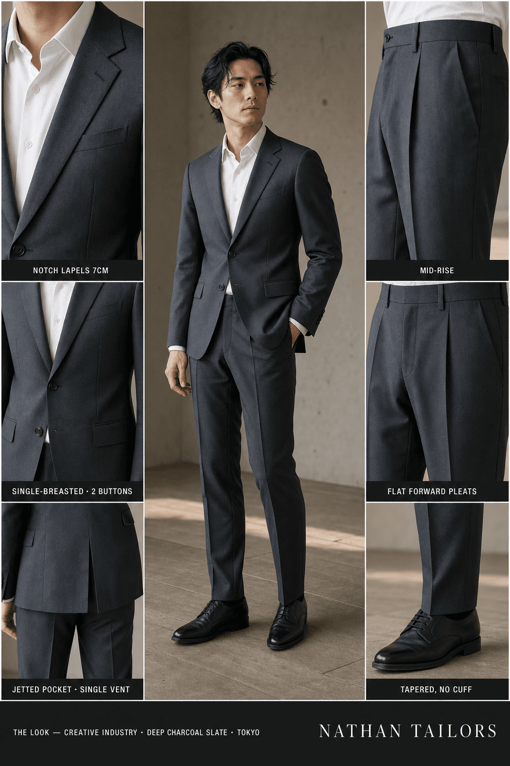 deep charcoal slate single-breasted notch-lapel online custom suit — designed online at RemoteSuit. Made-to-measure online custom suit available from $129.