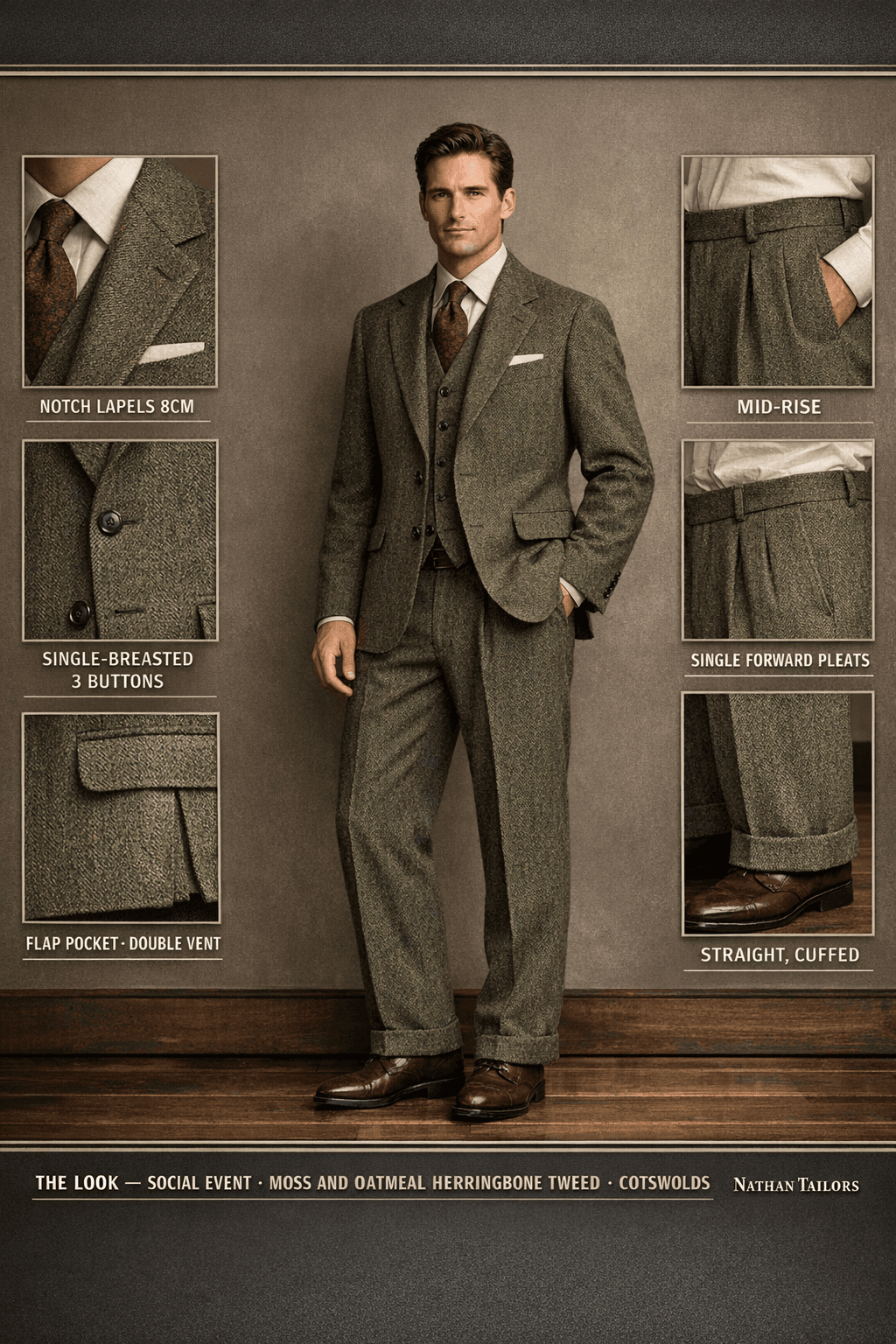 moss and oatmeal herringbone tweed single-breasted online custom suit — designed at RemoteSuit, made to measure online