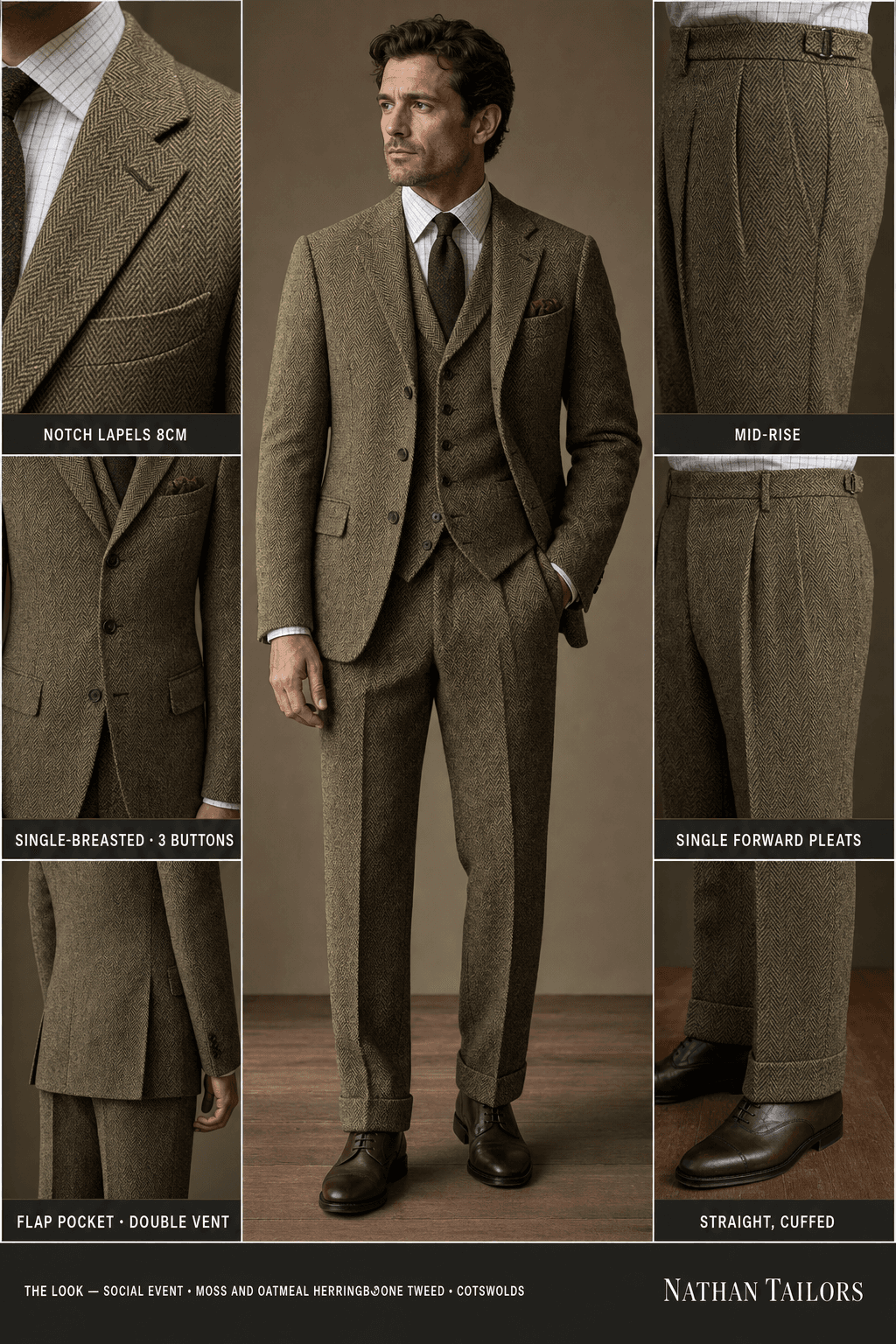 moss and oatmeal herringbone tweed herringbone single-breasted notch-lapel online custom suit — designed online at RemoteSuit. Made-to-measure online custom suit available from $129.