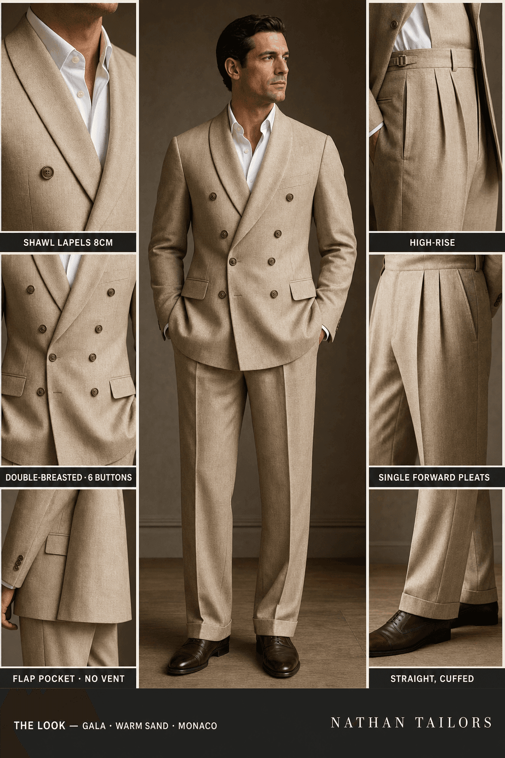 warm sand double-breasted shawl-lapel online custom suit — designed online at RemoteSuit. Made-to-measure online custom suit available from $129.