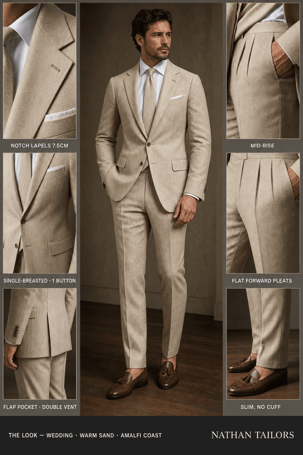 warm sand herringbone single-breasted notch-lapel online custom suit — designed online at RemoteSuit. Made-to-measure online custom suit available from $129.