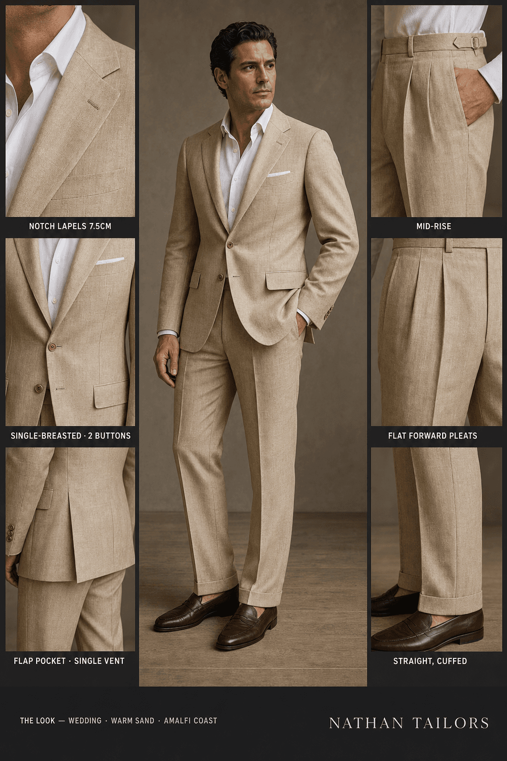 warm sand single-breasted notch-lapel online custom suit — designed online at RemoteSuit. Made-to-measure online custom suit available from $129.