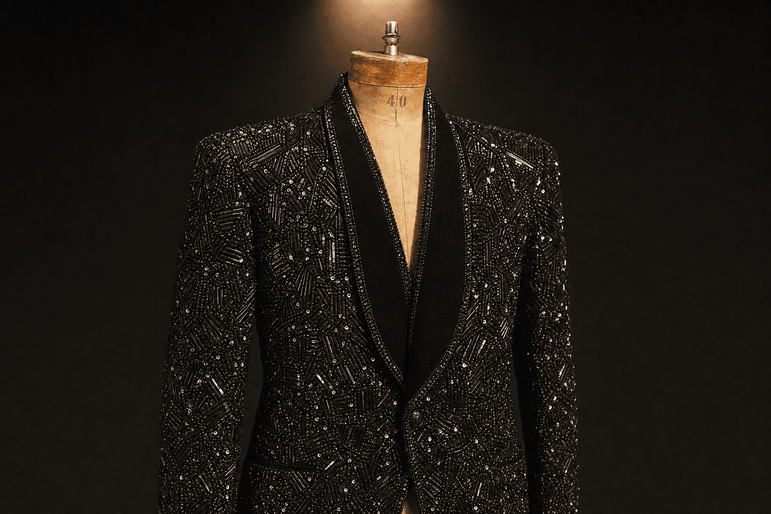 A black wool stage jacket densely covered in black bugle beads and sequins displayed on a vintage tailor's mannequin — the construction style needed to replicate the Bill Whitten jacket Michael Jackson wore at Motown 25 in 1983.
